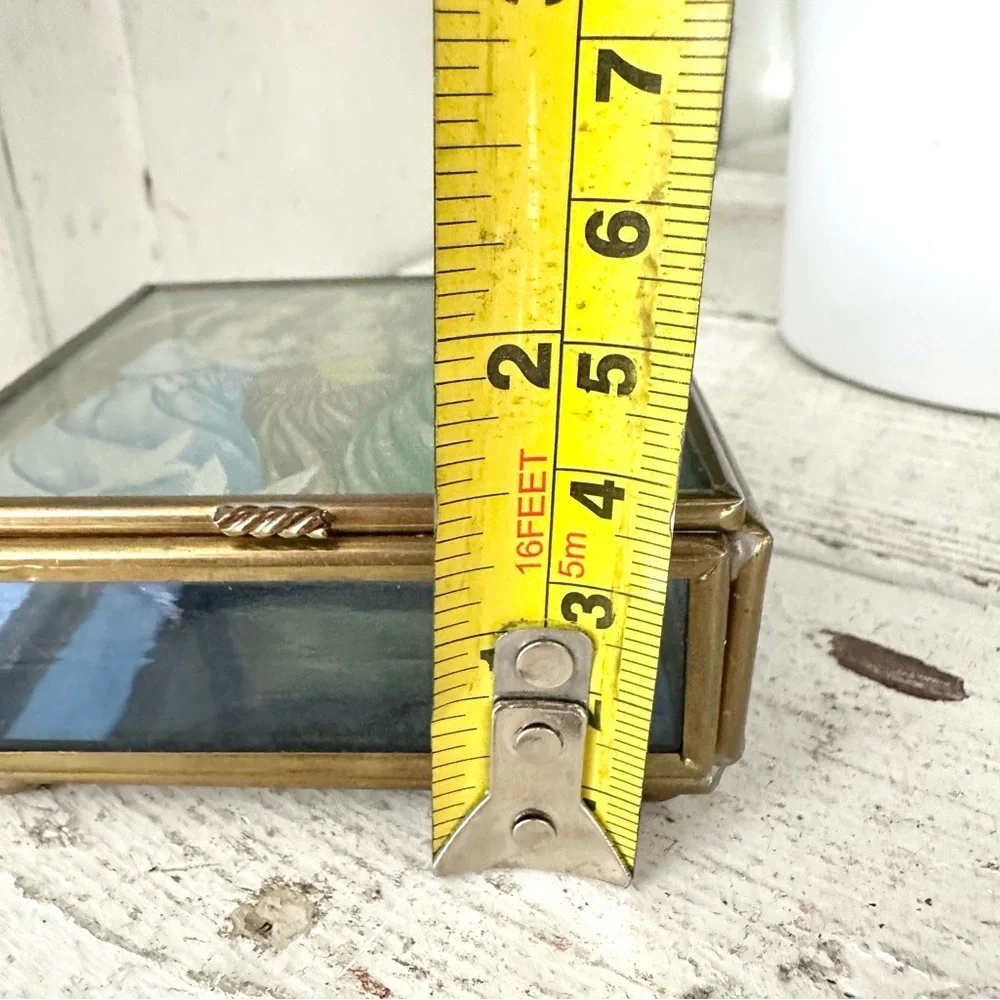 3/$22🩶 Vintage Angels Via Vermont Glass Brass Trinket Jewelry Box Mirror